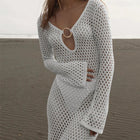 Abito lungo a maniche lunghe con scollo a V con bottoni in metallo cavo stile moda Abito lungo con grembiule da spiaggia per vacanze estive platinumshop