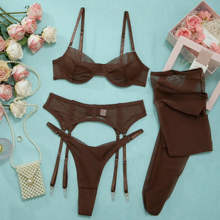 Luxury Dark Style 4Pcs Women's Lingerie Set Push-up Underwire Bra Garter Belt Thong Panty Stocking Erotic Intimate Outfits