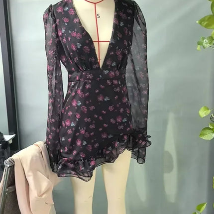 Elegant Mini Dress with Ruffles and Floral Patterns, Chic with Long Sleeves, Deep V-Neck, Slim Fit, A-Line, Short, 2026 Collection, Holiday and Street Dress for Women