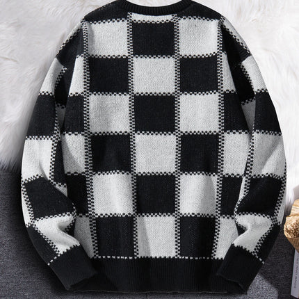 Retro Trendy Plaid Jacquard Pattern Pullover Sweater Casual Round Neck Color-Block Knit Men's Pullover