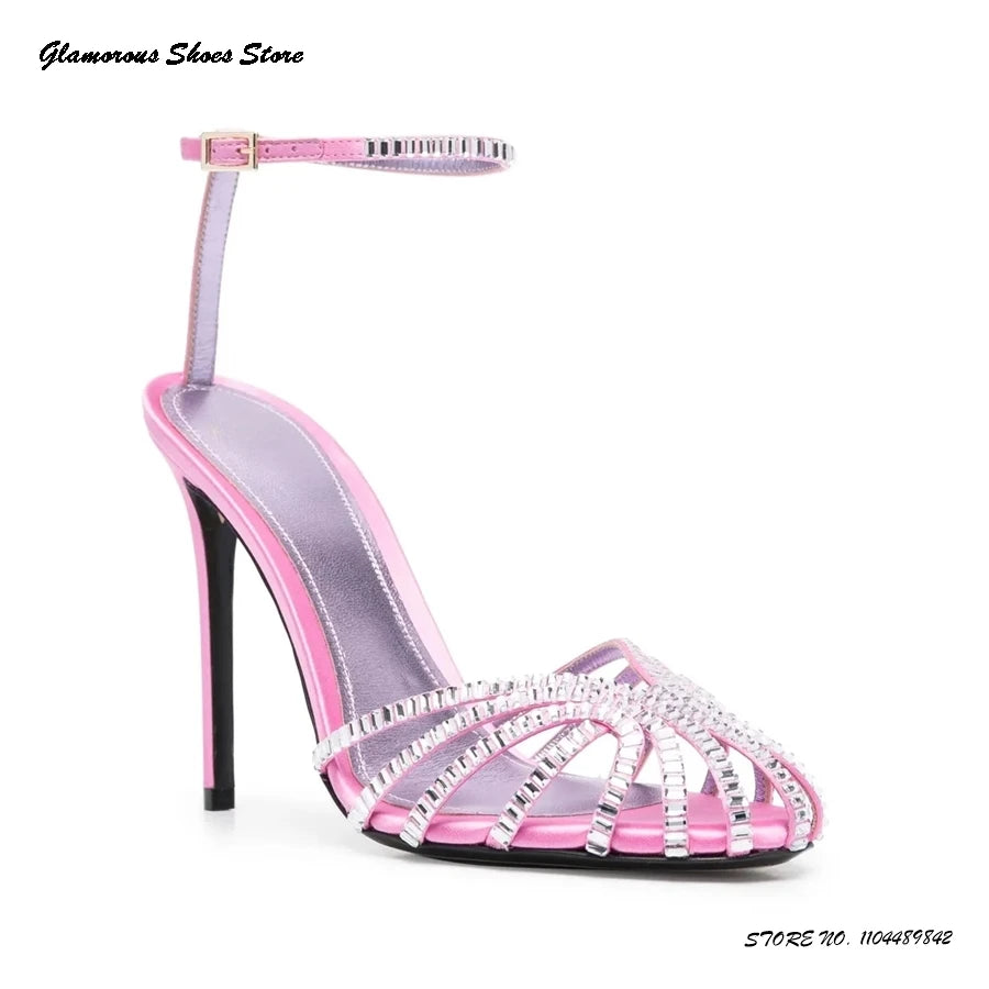 Bling Crystal Caged-toe Satin Sandals Women's Round Toe Thin High Heels Party Shoes Summer Fashion Buckle Strap Daily Stilettos