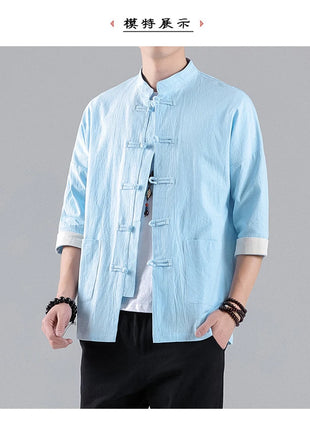 Camicie in Stile Cinese per Uomo, Top Tradizionale Tang in Lino a Mezza Manica, Camicia Kung Fu Hanfu Vintage Casual, Taglie Grandi fino a 5XL