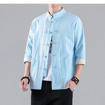 Camicie in Stile Cinese per Uomo, Top Tradizionale Tang in Lino a Mezza Manica, Camicia Kung Fu Hanfu Vintage Casual, Taglie Grandi fino a 5XL