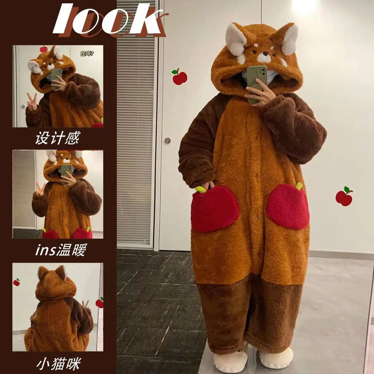 Girls Cartoon Bunny Kigurumi Onesie Pajamas Winter Thick Plush Fleece Hooded Jumpsuit Sleepwear Cute Bow Homewear Loungewear