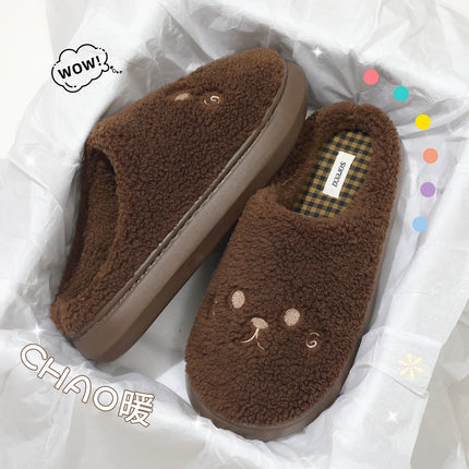 Cute Cat Winter Warm Slippers Women Men Fluffy Plush Home Shoes Red Bowknot Plaid Lining Indoor Bedroom Cotton Slides Mules New