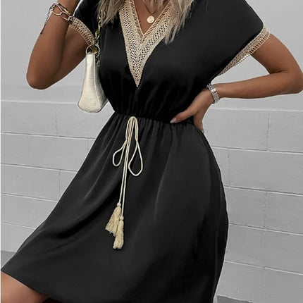 Abito corto longuette da spiaggia femminile con scollo a V in pizzo a maniche corte tinta unita estivo Abiti eleganti da donna in tinta unita bianco dolce platinumshop