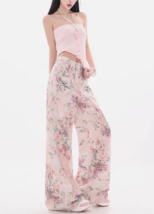 Nuovi jeans ricamati rosa stile cinese da donna Pantaloni estivi casual a gamba larga lunghi fino al pavimento con design stampato
