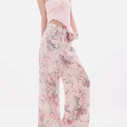Nuovi jeans ricamati rosa stile cinese da donna Pantaloni estivi casual a gamba larga lunghi fino al pavimento con design stampato