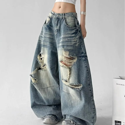 Jeans Larghi da Donna Stile High Street, Denim Distressed, Moda Primavera 2026, Nuovi Arrivi, Pantaloni Lunghi