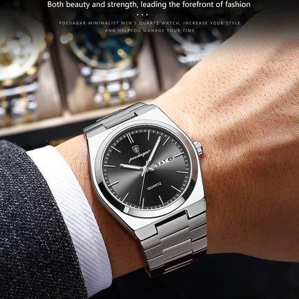 POEDAGAR Orologio da polso al quarzo da uomo di lusso Impermeabile luminoso Data Settimana Orologio da uomo Orologi da uomo d'affari in acciaio inossidabile platinumshop