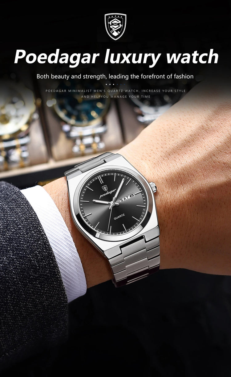 POEDAGAR Orologio da polso al quarzo da uomo di lusso Impermeabile luminoso Data Settimana Orologio da uomo Orologi da uomo d'affari in acciaio inossidabile platinumshop