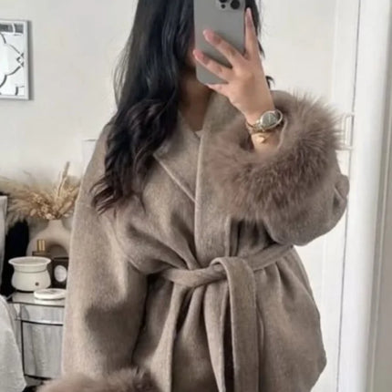 Elegant Lace Up Woolen Short Coat Solid Loose Lapel Furry Long Sleeve Belt Waist Jacket 2026 Spring Autumn Lady Chic Cardigan