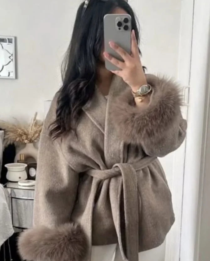 Elegant Lace Up Woolen Short Coat Solid Loose Lapel Furry Long Sleeve Belt Waist Jacket 2026 Spring Autumn Lady Chic Cardigan
