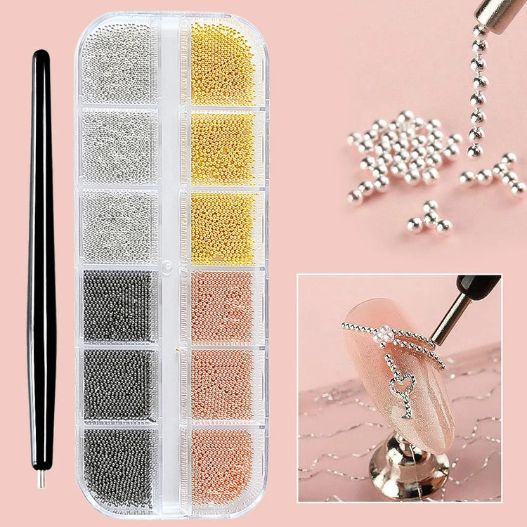 12Grid Metal Micro Caviar Beads Nail Art Charms, Gold Silver Mini Balls, 3D Nail Gem Decor with Magnetic Pen for DIY Nail Decoration