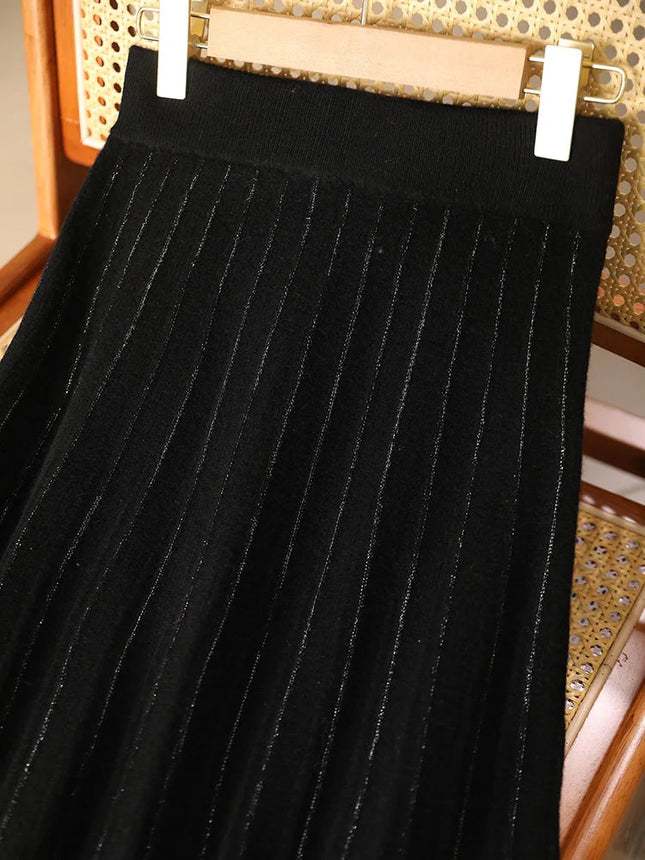 Women's Wool Skirts A-Line Pleated Cashmere Skirt Autumn Winter Elastic Waist 100% Merino Wool Knitted Bright Silk Style Dress PlatiNum