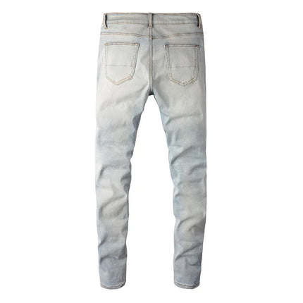 Men Pale Light Blue Biker Jeans Cracked Pleated Patch Patchwork Stretch Denim Pants Streetwear Holes Ripped Skinny Trousers PlatiNum