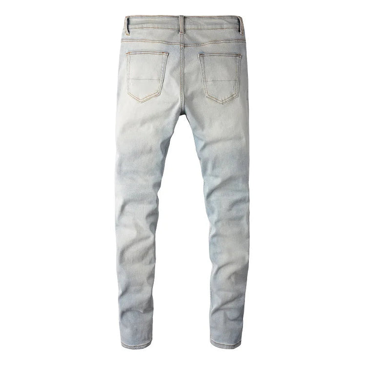Men Pale Light Blue Biker Jeans Cracked Pleated Patch Patchwork Stretch Denim Pants Streetwear Holes Ripped Skinny Trousers PlatiNum