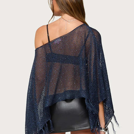 Top da donna sexy estivo lavorato a maglia con scollo obliquo, maniche a pipistrello, design irregolare, dettagli traforati e frange, vestibilità ampia, tinta unita platinumshop