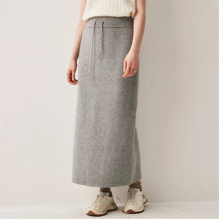 Chic Women's Long Skirt 100% Cashmere Straight Skirt Knit Autumn Winter Ankle-Length Skirt Warm Elegant Casual Rear Slit Dress PlatiNum