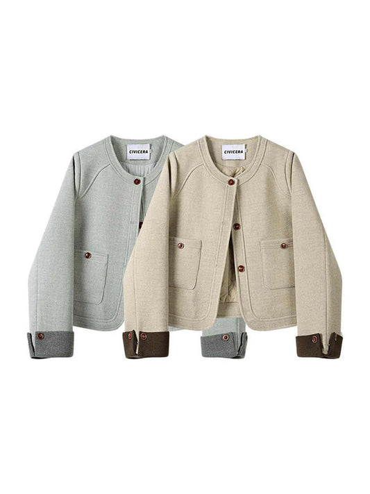 Women Khaki Cropped Autumn Jacket Coat Harajuku Long Sleeve Woolen Jacket Vintage Oversize Outerwear 2000s Fashion Clothes 2025