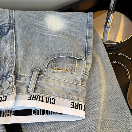 Jeans Vintage Americani Strappati e Patchwork per Donna, Blu Chiaro, Vita Alta, Gamba Larga, Pantaloni in Denim per Primavera e Autunno