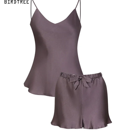 BirdTree, set pigiama in vera seta 16MM 100%, bretelle da donna solide, pantaloncini con fiocco semplicità abbigliamento per la casa, primavera estate 2024 S43729QC