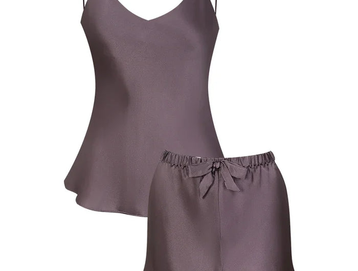 BirdTree, set pigiama in vera seta 16MM 100%, bretelle da donna solide, pantaloncini con fiocco semplicità abbigliamento per la casa, primavera estate 2024 S43729QC