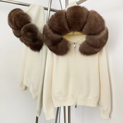 OFTBUY Real Fox Fur Kintwear Women New Spring Autumn Hooded Sweater Female Loose Zipper Kintted Jacket Oversized Cardigan