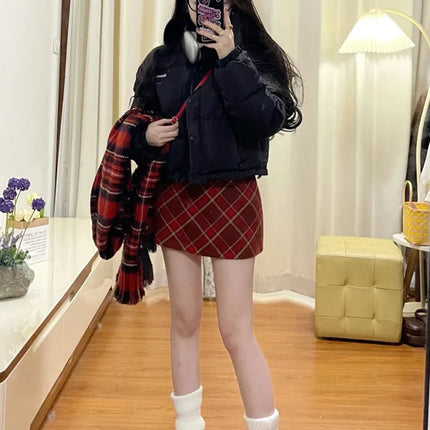 Autumn Winter Woolen Plaid Mini Skirt for Women College Casual All Match Short Skirts Woman Thicken Warm High Waist A-Line Skirt PlatiNum