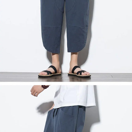 Pantaloni Estivi da Uomo 2026 Stile Cinese in Cotone e Lino, Pantaloni Harem Traspiranti da Spiaggia, Pantaloni Casual a Tre Quarti, Streetwear