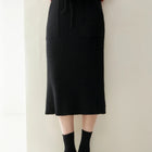 2025 Quality Woman 100% Cashmere Knitwear Thick Basic Skirts Autumn Winter Sexy Long A-Line Drawstring Vertical Stripe  Clothing PlatiNum