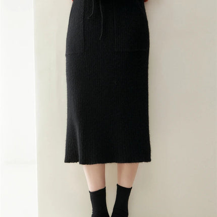 2025 Quality Woman 100% Cashmere Knitwear Thick Basic Skirts Autumn Winter Sexy Long A-Line Drawstring Vertical Stripe  Clothing PlatiNum