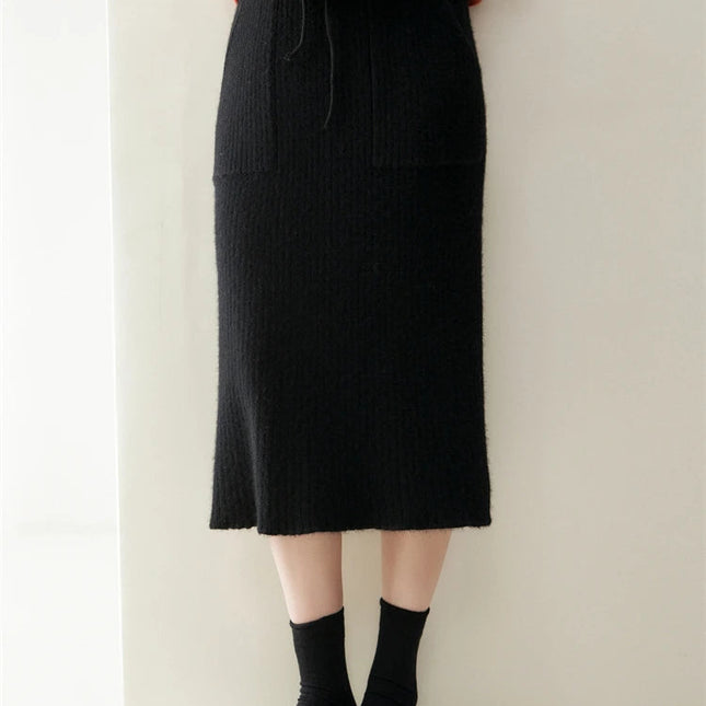2025 Quality Woman 100% Cashmere Knitwear Thick Basic Skirts Autumn Winter Sexy Long A-Line Drawstring Vertical Stripe  Clothing PlatiNum