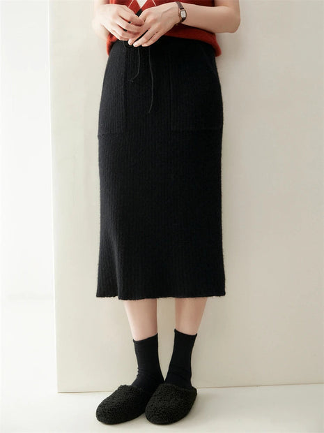 2025 Quality Woman 100% Cashmere Knitwear Thick Basic Skirts Autumn Winter Sexy Long A-Line Drawstring Vertical Stripe  Clothing PlatiNum