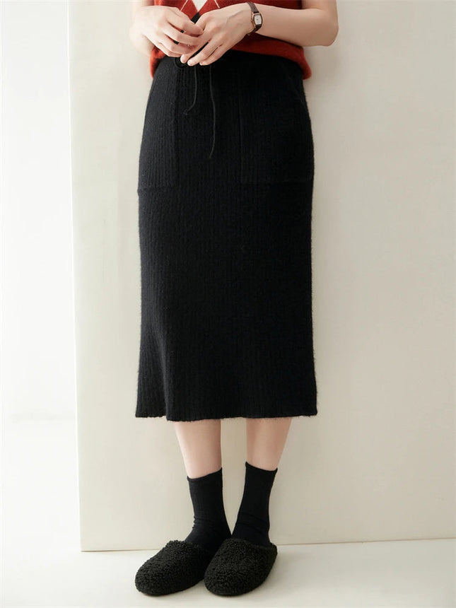 2025 Quality Woman 100% Cashmere Knitwear Thick Basic Skirts Autumn Winter Sexy Long A-Line Drawstring Vertical Stripe  Clothing PlatiNum
