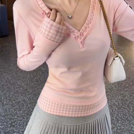 Autunno Inverno Nuovo Dolce Camicetta Rosa Donna Arco Girocollo Manica Lunga Sotto Il Strato Base Magliette e camicette Giapponese Kawaii Vestiti Sottili 2025 - platinumshop