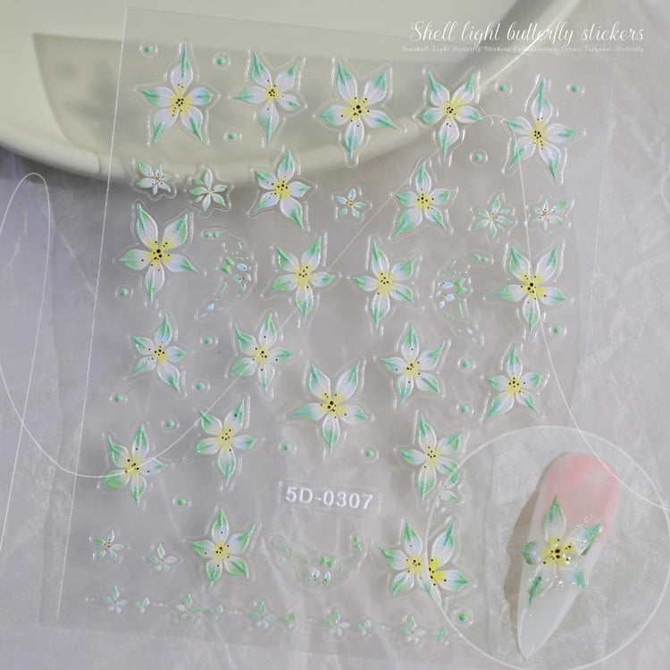 5D Hibiscus Flower Nail Embossed Sticker Acrylic Pink White Gold Petal Leaf Adhesive Decal Butterfly Dragon Floral Elegant Decor