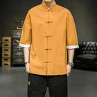 Men's Japanese style summer Chinese stand-up collar Yukata Kimono Samurai Wear color block T-shirt Hanbok Casual Coat