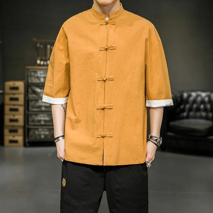Camicia stile giapponese da uomo estiva cinese colletto rialzato Yukata Kimono Samurai Indossare T-shirt color block Hanbok Cappotto casual
