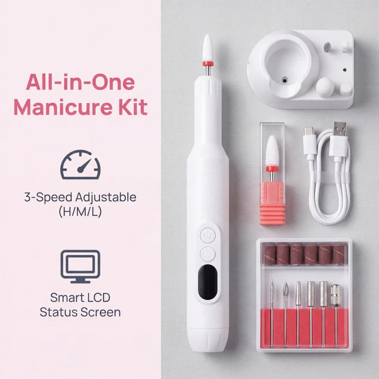 Rechargeable Electric Nail Drill Machine, Professional Nail File Kit with 11pcs Nail Drill Bits, Sanding Bands, 3 Speed Settings for Manicure & Pedicure, White