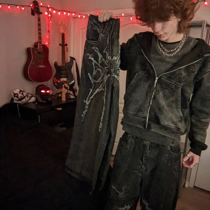 Y2K Retro Oversize Baggy Pantaloni lavabili unisex Phantom Jeans Uomo High Street Spider Toppa ricamata Hip Hop Streetwear Gotico