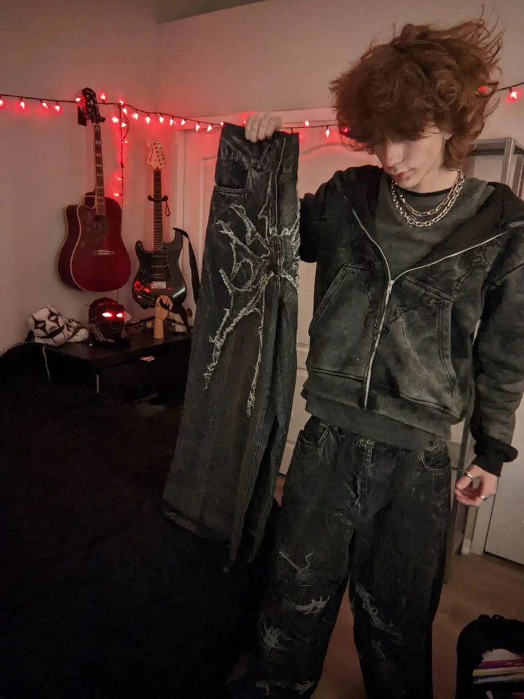 Y2K Retro Oversize Baggy Pantaloni lavabili unisex Phantom Jeans Uomo High Street Spider Toppa ricamata Hip Hop Streetwear Gotico