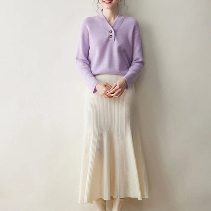 Woman's 100% Cashmere Knittwear Skirt Autumn Winter Elegant Mermaid Mid-calf High Waisted Slim Office Lady Dress Light Luxury PlatiNum