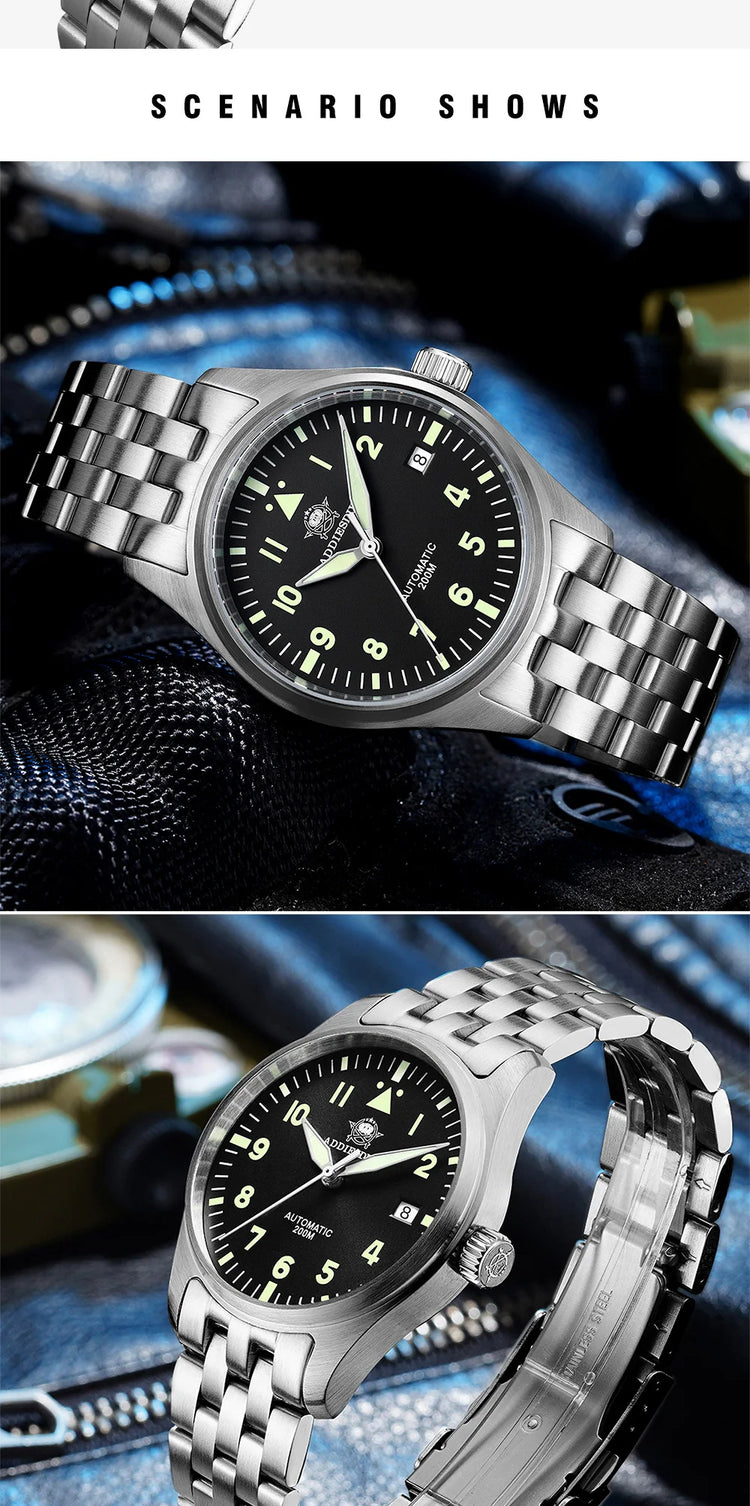 ADDIESDIVE Classic Men's watch Sapphire Automatic 8215 Stainless Steel Pilot watch Leather Luminous 200m Diving Dress Watch New
