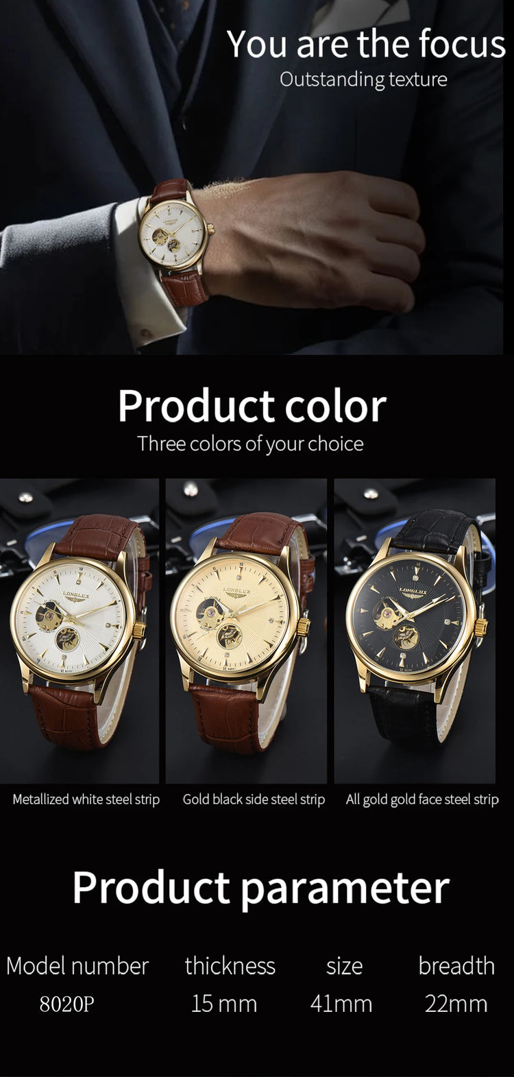LONGLUX Automatic Watch Elegant Style Wholesale Mechanical Wristwatches Skeleton Rome Waterproof Mens Watch Men Gift