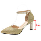 Bling Gold Silver Women Pumps 2023 Sexy Point Toe Thin Heel Party Wedding Shoes Womens Summer Ankle Strap 8cm High Heels Shoes PlatiNum