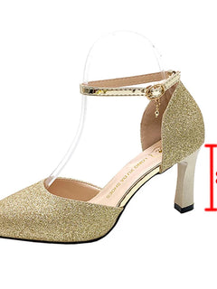 Bling Gold Silver Women Pumps 2023 Sexy Point Toe Thin Heel Party Wedding Shoes Womens Summer Ankle Strap 8cm High Heels Shoes