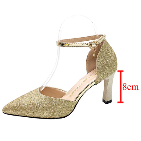 Bling Gold Silver Women Pumps 2023 Sexy Point Toe Thin Heel Party Wedding Shoes Womens Summer Ankle Strap 8cm High Heels Shoes PlatiNum