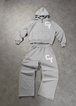 Streetwear Men's Fashion C Y Letter Zipper Set Multiple Colors Available Street Style Relaxed Unique Look Casual Two-Piece Set PlatiNum