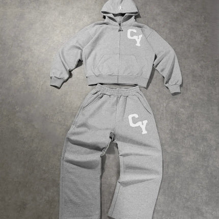 Streetwear Men's Fashion C Y Letter Zipper Set Multiple Colors Available Street Style Relaxed Unique Look Casual Two-Piece Set PlatiNum